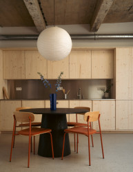 Kuchyň je ze smrkové biodesky. (Byt ve vnitrobloku; BekArch)