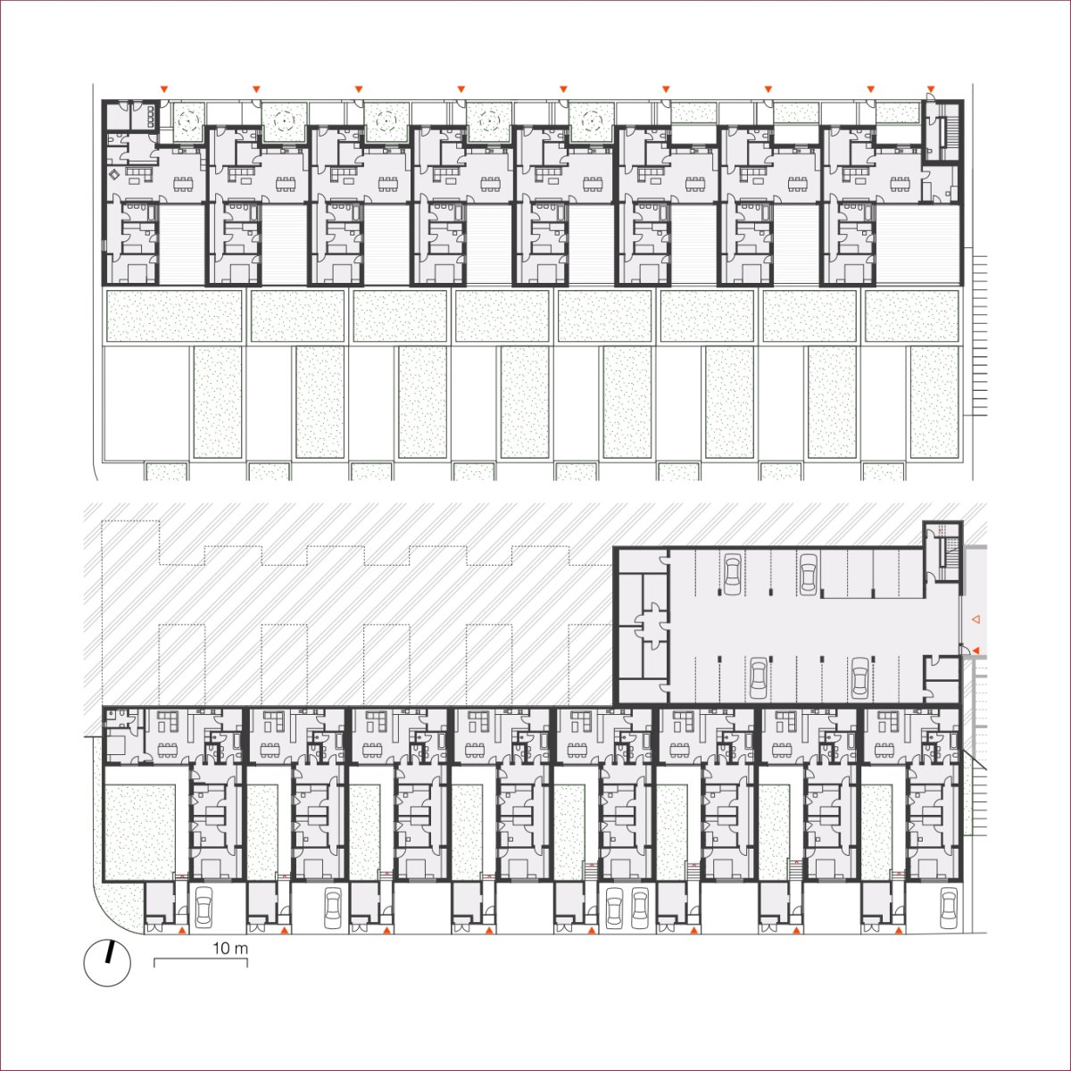 Rodinné domy - půdorys 1. PP a 1. NP (Obytný soubor Dolina v Lysolajích, knesl kynčl architekti)
