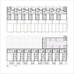 Rodinné domy - půdorys 1. PP a 1. NP (Obytný soubor Dolina v Lysolajích, knesl kynčl architekti)