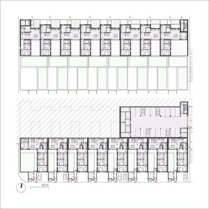 Rodinné domy - půdorys 1. PP a 1. NP (Obytný soubor Dolina v Lysolajích, knesl kynčl architekti)