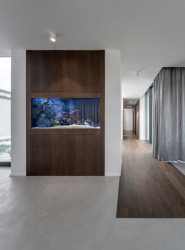 Interiér pracuje s kontrasty světlých stěrek a tmavého dřeva. (Vila u Prahy, boq architekti)