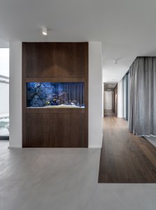 Interiér pracuje s kontrasty světlých stěrek a tmavého dřeva. (Vila u Prahy, boq architekti)