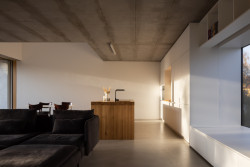 Rodinný dům v Polánce, CL3: Na podlahách jsou cementové stěrky, stropy odhalují pohledový beton a stěny pokrývá bílá výmalba