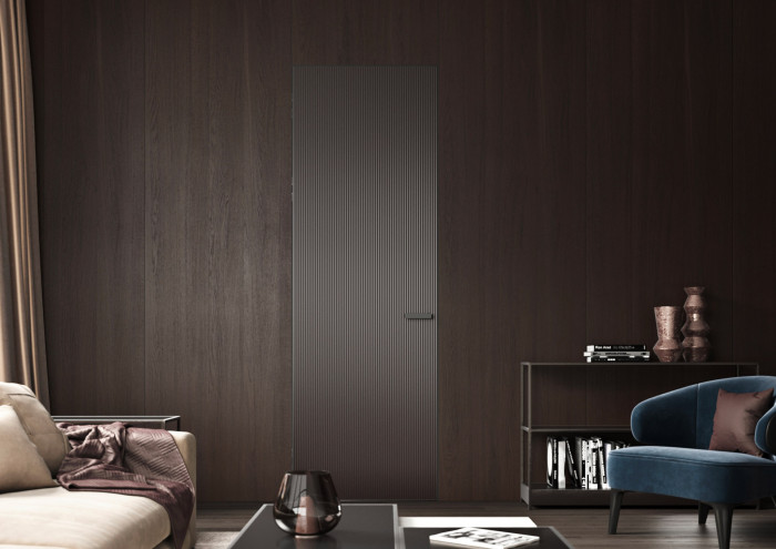 Dveře Master, sklo Flutes, pískované podlakované RAL 8017, klika Apollo