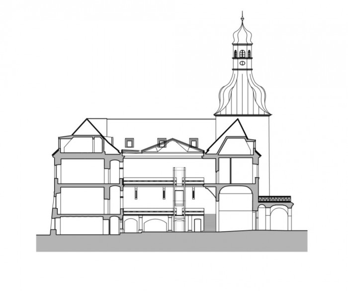 Rekonstrukce arcibiskupského zámku a zahrad na hotel, řez, SHA Šafer Hájek architekti