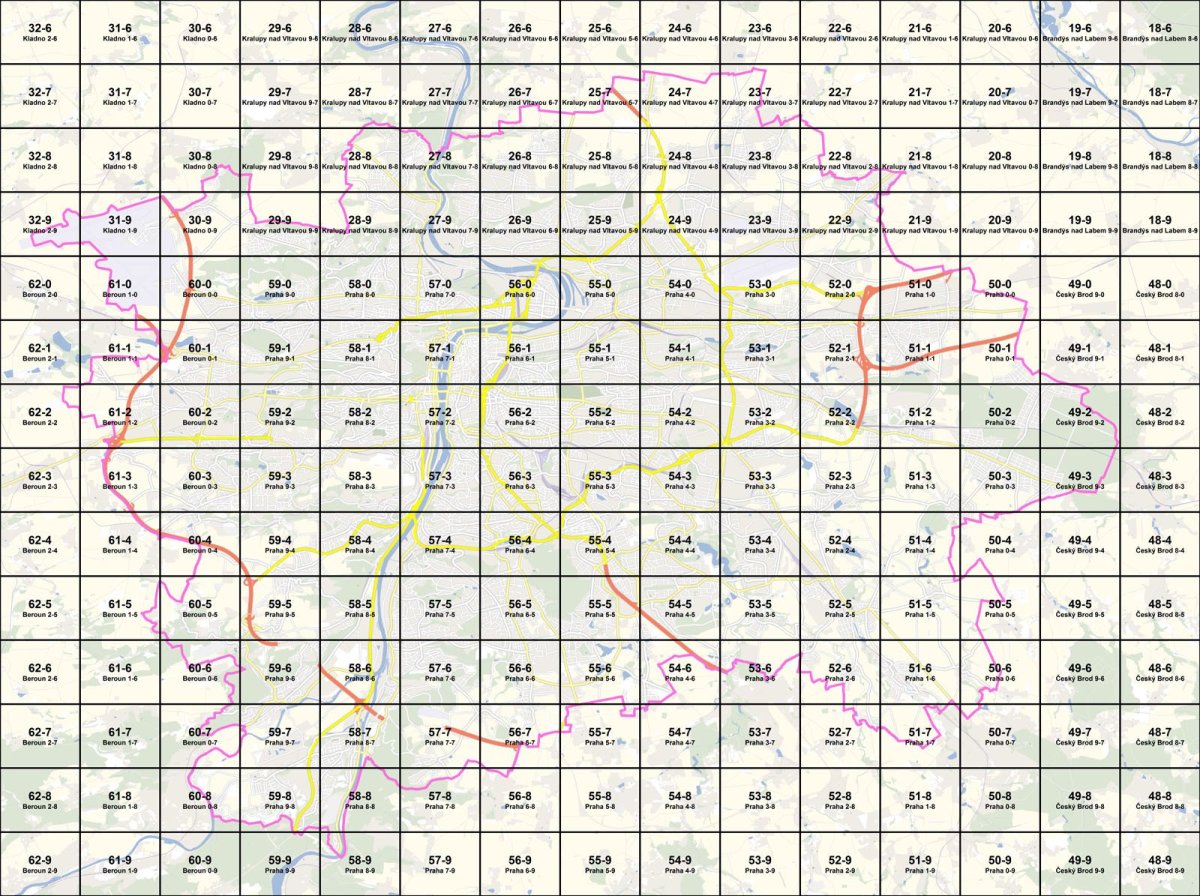 Mapa Prahy na tzv. kladu mapových listů, kde je každý mapový list pojmenován a očíslován.