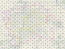 Mapa Prahy na tzv. kladu mapových listů, kde je každý mapový list pojmenován a očíslován.
