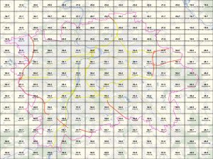 Mapa Prahy na tzv. kladu mapových listů, kde je každý mapový list pojmenován a očíslován.