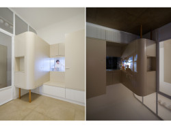 Dva triky: vítací okénko, které má dírku, takže funguje jako camera obscura. (Rekonstrukce bytu v Praze, No Architects)