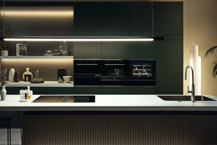 Odsavač par v indukční varné desce Mythos 2Gether Icon Steel od společnosti Franke v minimalistickém designu.