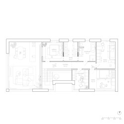 Půdorys 2. nadzemní podlaží – razítka (Industriální přestavba rodinného domu; Atel!er)