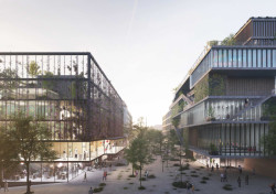 Pohled prodloužením Technické ulice směrem k Vítěznému náměstí s novou budovou Vysoké školy chemicko-technologické napravo a budovou kulturního centra nalevo, tým 28: A69 – architekti (ČR)