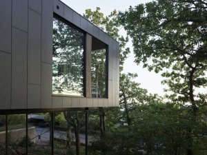 Dům na pobřeží Švédska splývá s okolní vegetací. Je za tím i fasáda z šedivého vláknocementu Swisspearl. 