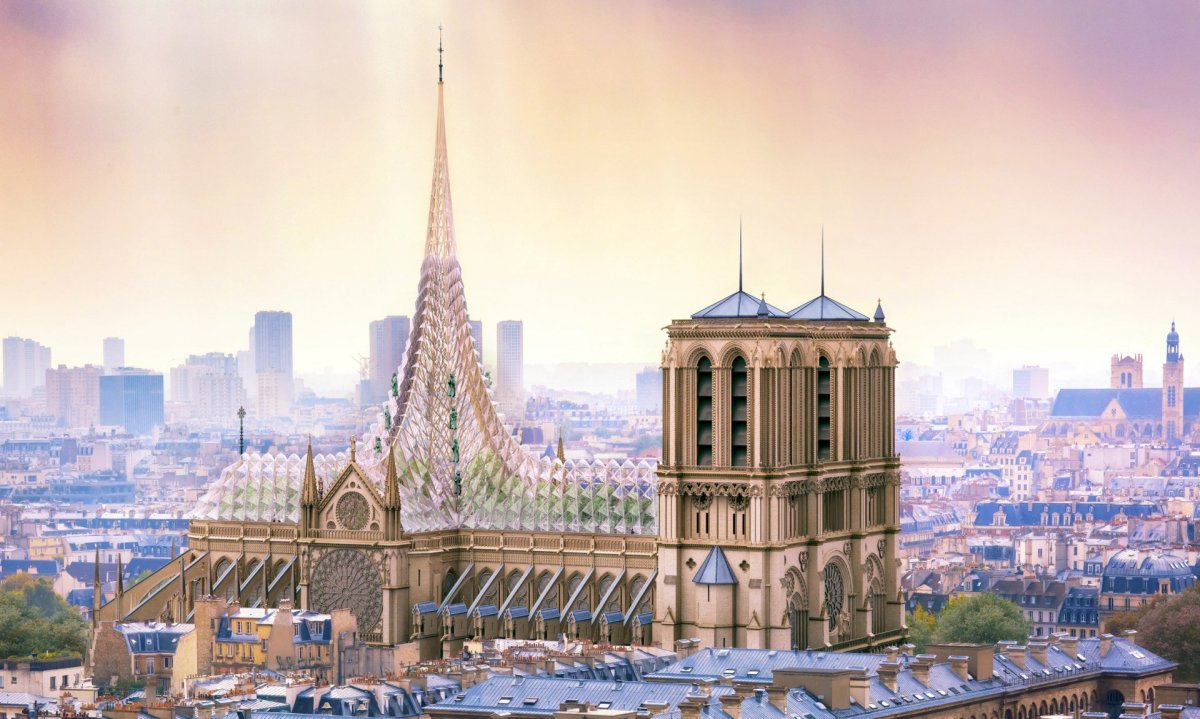 Jeden z mnoha návrhů proměny katedrály Notre-Dame navrhl pařížský architekt Vincent Callebaut.