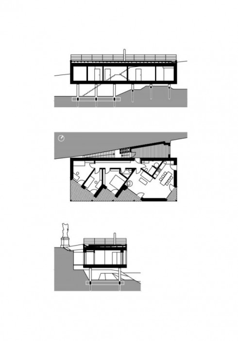Dům nad vodopádem, schématický půdorys a řez, ARCHOO s.r.o.