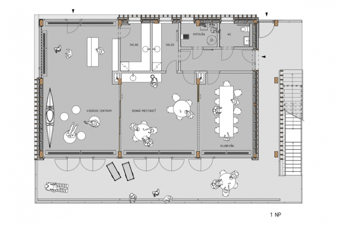 Loděnice Karloveské rameno v Bratislavě, OFFICE110 architekti, půdorys 1NP