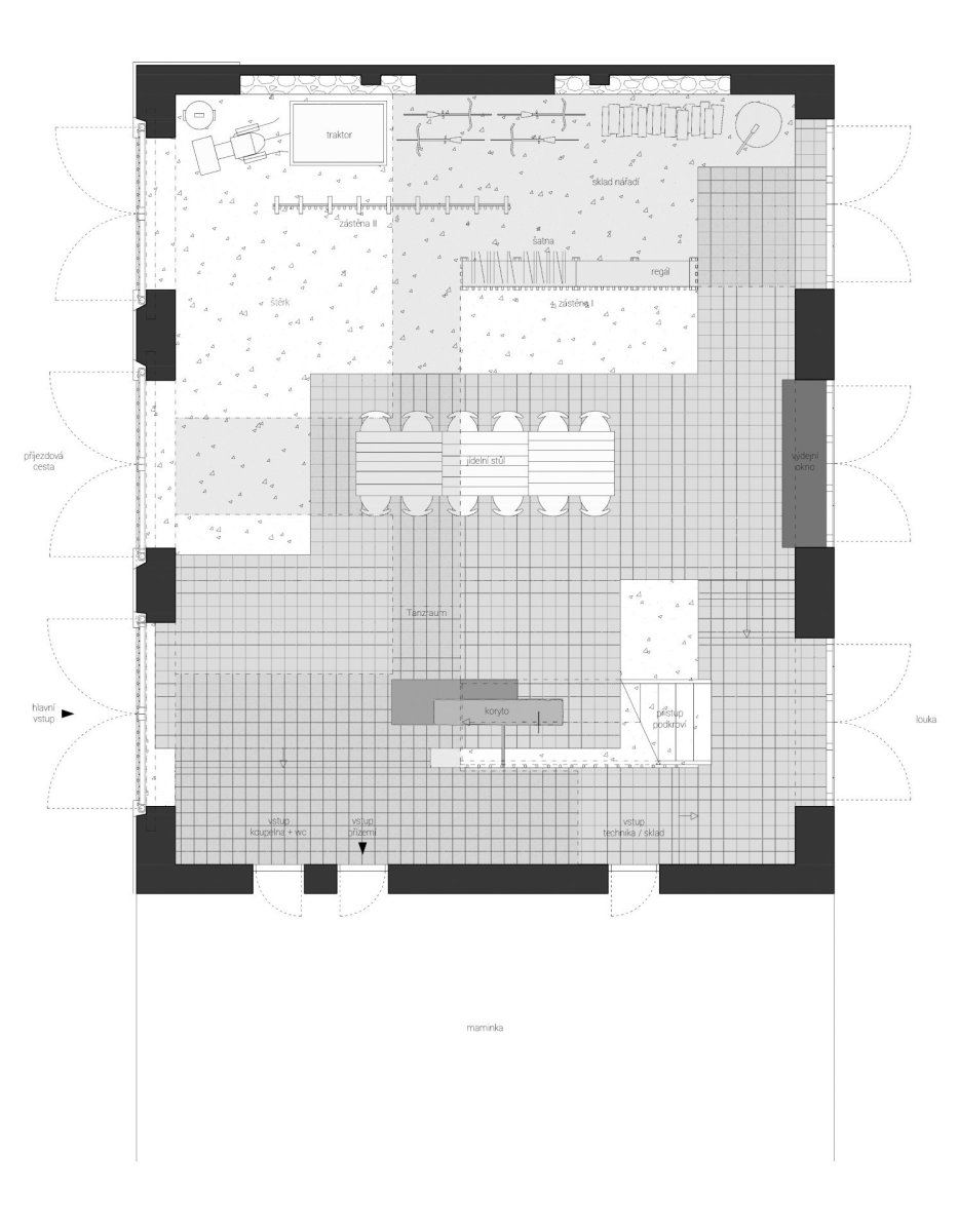 Rekonstrukce stodoly v Pošumaví, BYRÓ architekti: Půdorys 1.NP