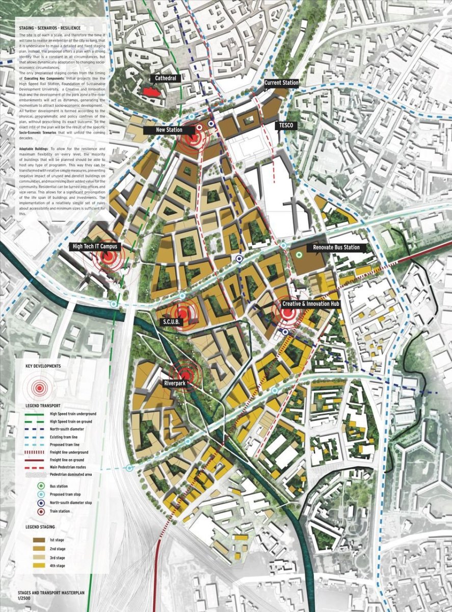 Budoucnost centra Brna: (designed by) Erick van Egeraat (NL), celková situace návrhu v měřítku 1:2500 // finalista – foto