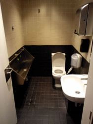 A samozřejmě to jsou všechny interiéry těchto budov. Na fotografii toaleta jako místo sociální interakce. – foto