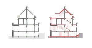 Řez příčný (Rekonstrukce vily na Vinohradech; Atelier Hajný)