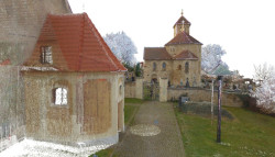 Románská rotunda svaté Maří Magdalény v Praze - Přední Kopanině. Náhled mračna bodů v 3D/BIM programu Archicad - nadhledová perspektiva.