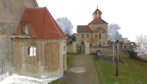 Románská rotunda svaté Maří Magdalény v Praze - Přední Kopanině. Náhled mračna bodů v 3D/BIM programu Archicad - nadhledová perspektiva.