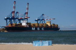 Populární pláž Stogi je nedaleko přístavu Westerplatte. Je posetá plentami proti větru, zpoza nichž vykukují hlavy rekreantů.