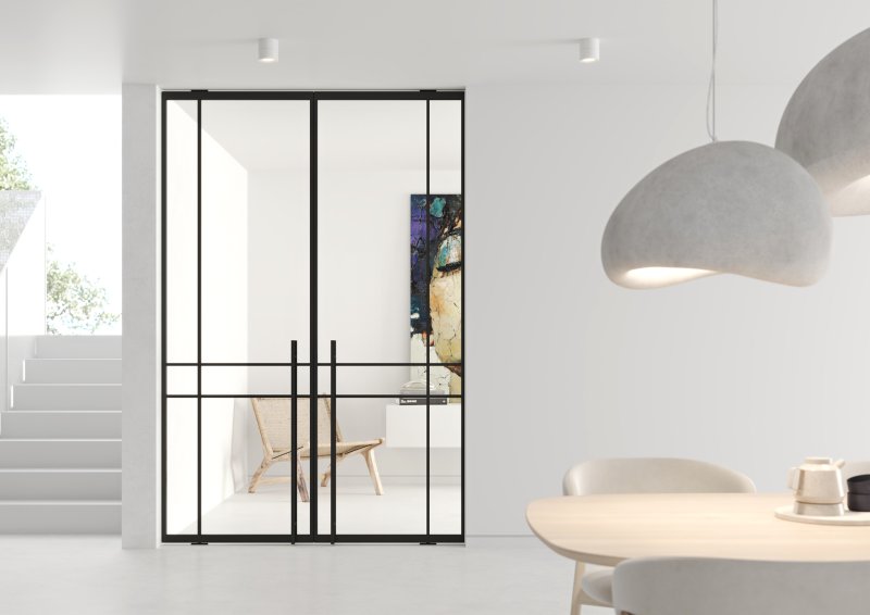 Otočné dveře DIVALINE dvoukřídlé, RAL 9005, madlo HH1200, čiré sklo