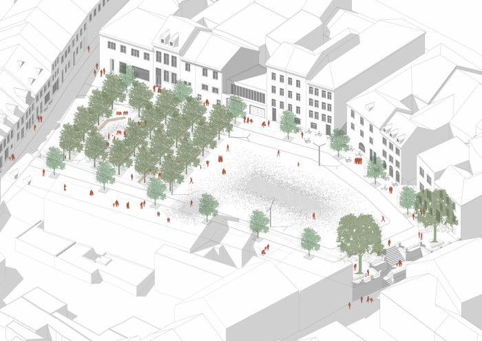 Vítězný návrh studia m2au na rekonstrukci Škroupova náměstí v České Lípě, axonometrie
