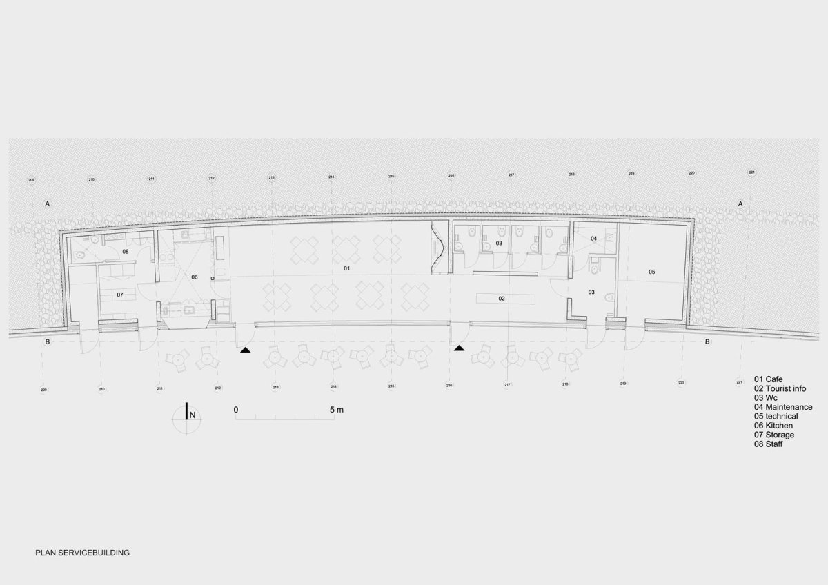 Ghilardi+Hellsten Arkitekter, Odpočívadlo a stezka na ostrově Eldhusøya, půdorys obslužní části, výkres