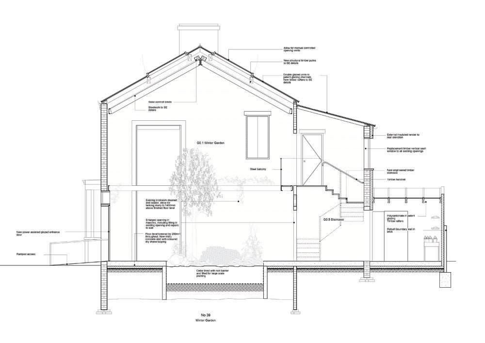 ASSEMBLE, renovace čtyř ulic v Granby Street, řez zimní zahradou, výkres