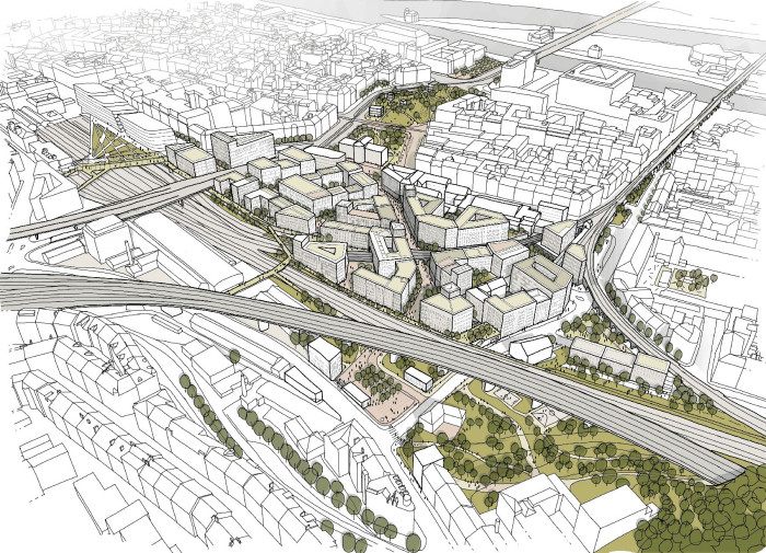 Florenc21: Etapa Západ, axonometrie-nadhled vítězné regulace nové čtvrti z urbanistické soutěže z roku 2021, autor: UNIT architekti, A69 – architekti a Marko&Placemakers, 2021