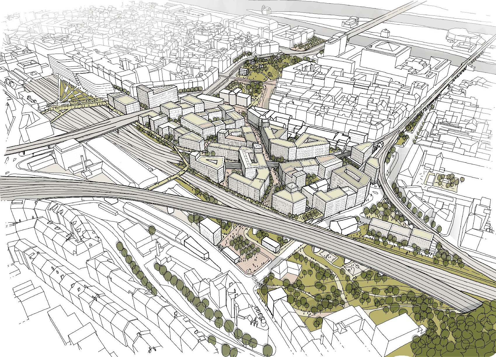 Florenc21: Etapa Západ, axonometrie-nadhled vítězné regulace nové čtvrti z urbanistické soutěže z roku 2021, autor: UNIT architekti, A69 – architekti a Marko&Placemakers, 2021