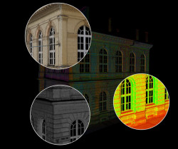 Mračno bodů je ve výchozím nastavení zobrazováno v intenzitě šedé (vlevo dole). Pokud během skenování pořizujete také barevnou fotografii, mračno lze obarvit (vlevo nahoře). Dalším způsobem interpretace je zobrazení na základě mapy odstínu/intenzity.