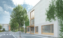 Školka Červený vrch v Praze od studia re:architekti, 1. místo ve veřejné architektonické soutěži. Vchod do školky z ulice Africká.