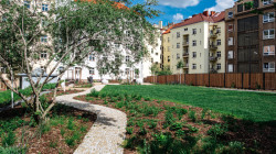 Mezi činžáky v pražských Holešovicích byl zažloutlý trávník, teď je to park. (ateliér YYYY, park U Uranie)
