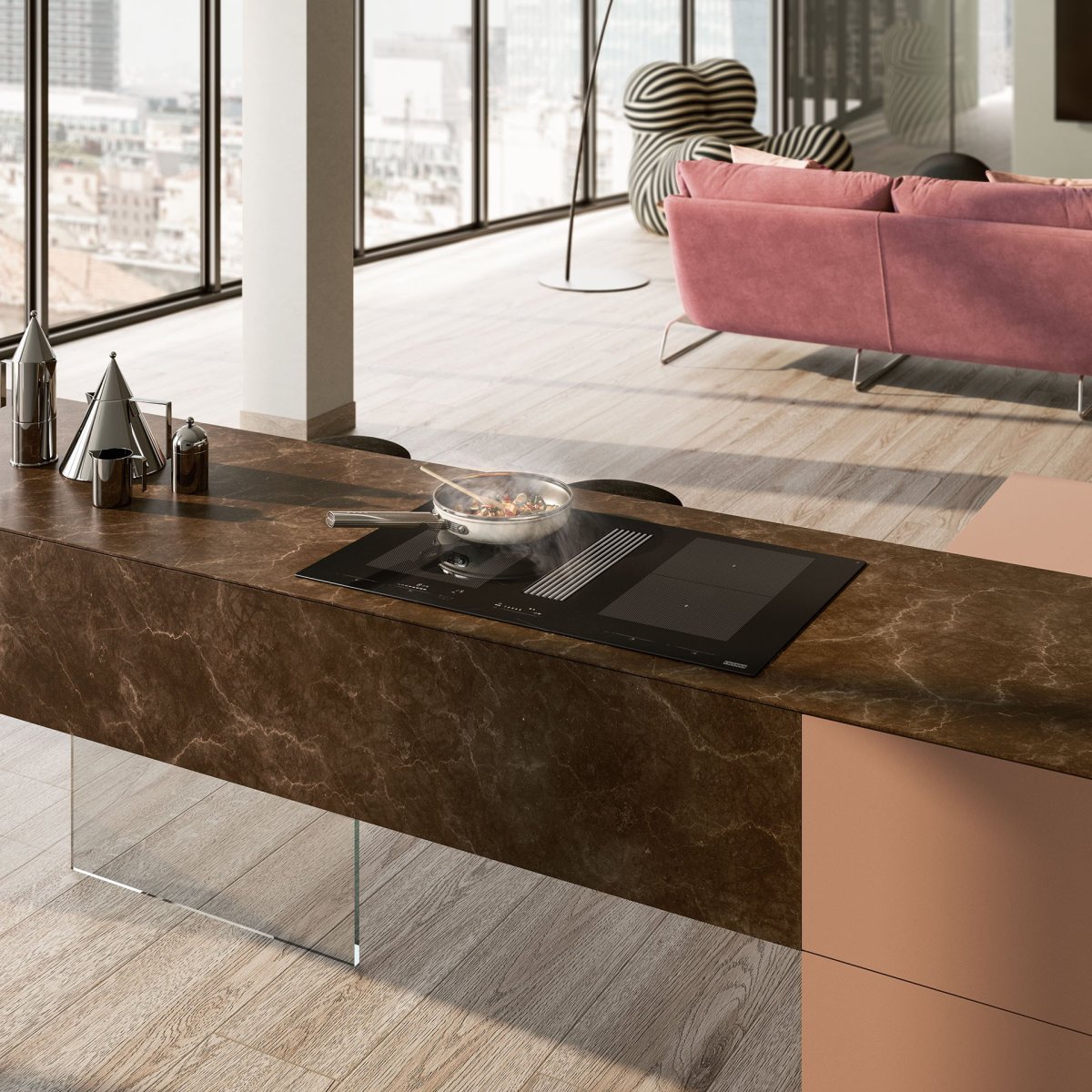 Mythos 2Gether Icon Steel - odsavač par integrovaný v indukční varné desce, montáž do pracovní desky, černé sklo
