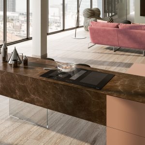 Mythos 2Gether Icon Steel - odsavač par integrovaný v indukční varné desce, montáž do pracovní desky, černé sklo