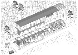 Axonometrie (Zázemí Lesního koupaliště, Mjölk architekti, Marie Vondráková)