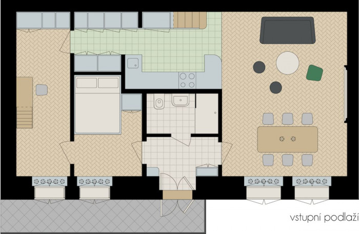 Rekonstrukce činžovního bytu s pavlačí, půdorys vstupní podlaží, No Architects