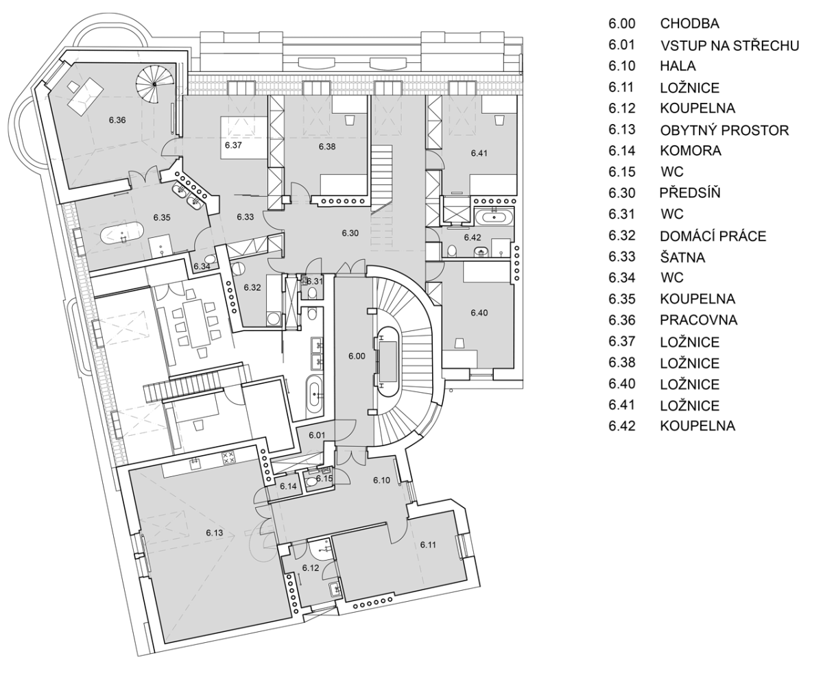 Uhlík architekti, Činžovní dům Letná, půdorys 6. NP – foto