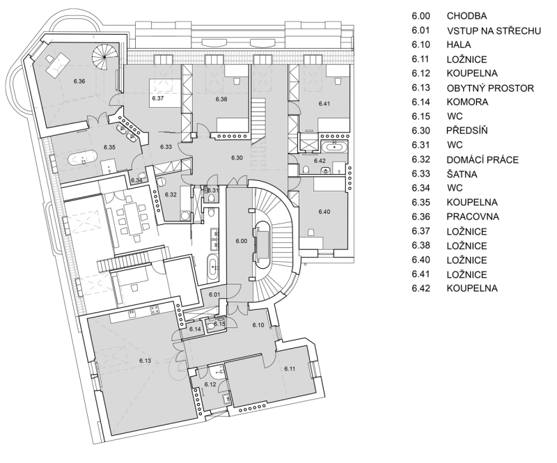 Uhlík architekti, Činžovní dům Letná, půdorys 6. NP – foto