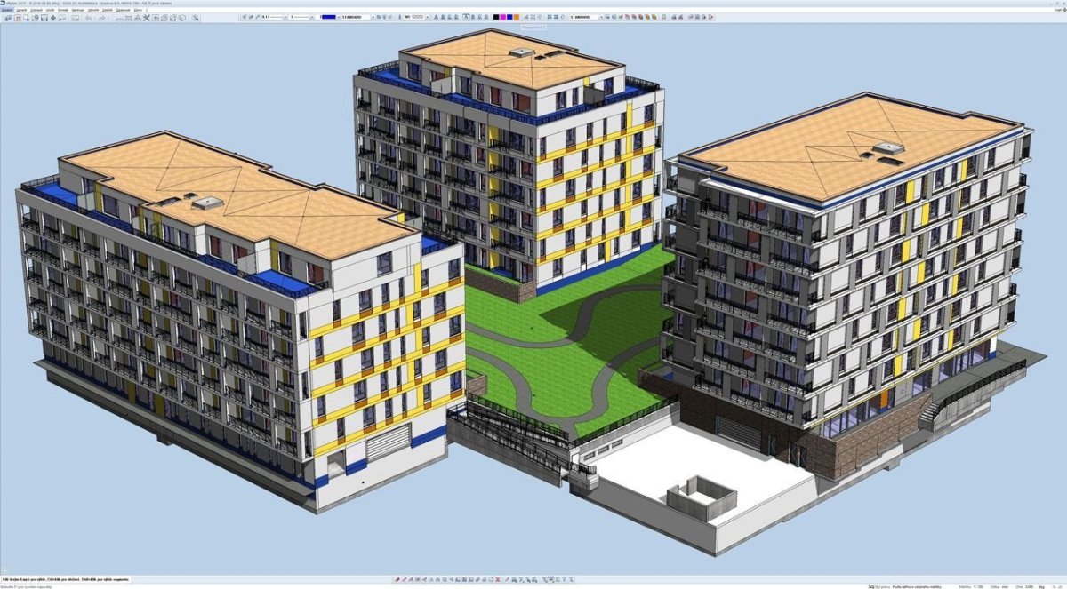 Ahoj Park Bratislava - axonometrie tří bloků bez omítek