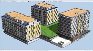 Ahoj Park Bratislava - axonometrie tří bloků bez omítek