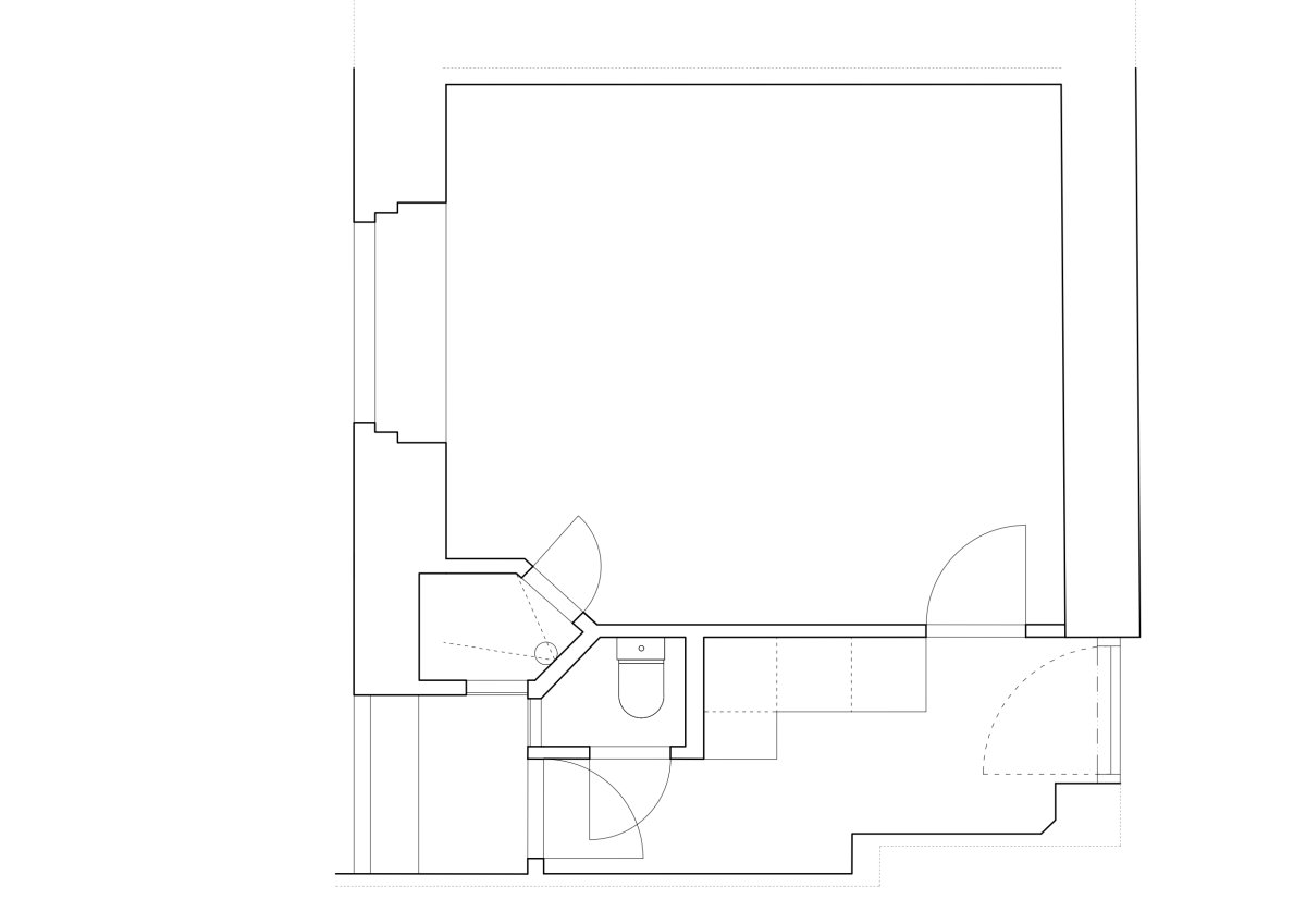 Půdorys původního stavu (Byt pro malířku v Praze-Holešovicích od Plus One Architects)