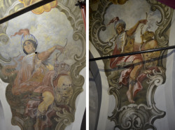 Výjev "Amerika" před a po restaurování (Fresky v kostele Narození Panny Marie v Domažlicích restaurovali Jiří Suchan a David Hrabálek)