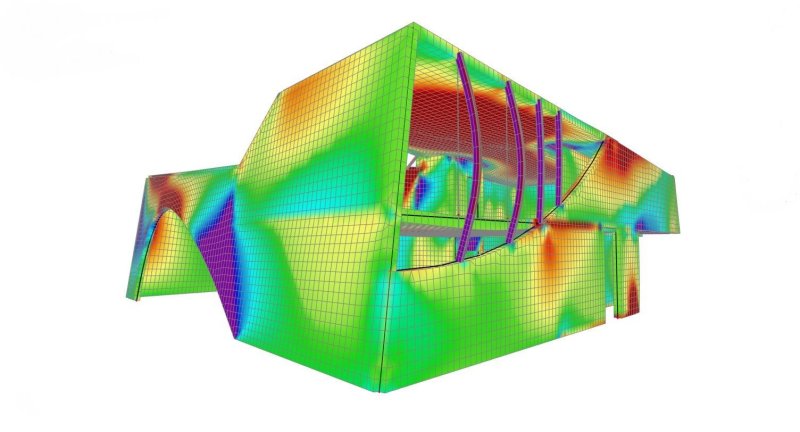 Společenské centrum s modlitebnou v Sedlčanech, statické řešení - 3D model se zobrazením napětí na plochách v programu Scia Engineer