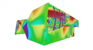 Společenské centrum s modlitebnou v Sedlčanech, statické řešení - 3D model se zobrazením napětí na plochách v programu Scia Engineer