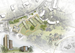 Vysokoškolské koleje Chamberlain Halls of Residence v Birminghamu, situace, Glancy Nicholls Architects.