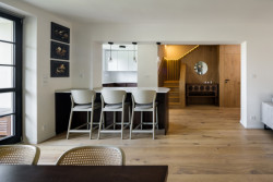 Rekonstrukce řadového domu u letiště, No Architects: Kuchyň byla propojena s obývacím pokojem a vznikl souvislý velkorysý prostor spojující protilehlé stěny domu, došlo i k přesunům dalších místností